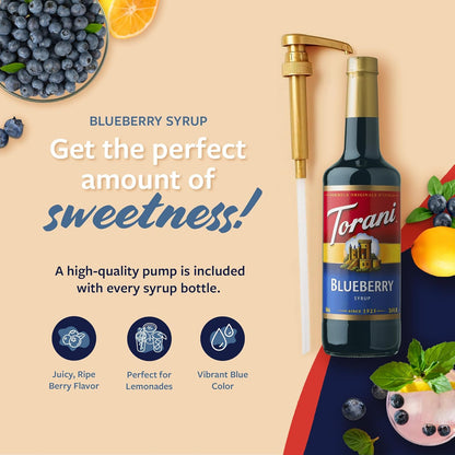 Torani Blueberry Syrup for Drinks, Flavoring for Iced Tea, Lemonade, Sodas, and Cocktails, Glass Bottle with Pump Included, 25.4 Fl Oz