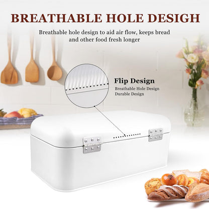 ENLOY Extra Large White Bread Box for Countertop, Stainless Steel Bread Storage Bin, Vintage Bread Box, Large Capacity Bread Keeper Holds Large Loaves