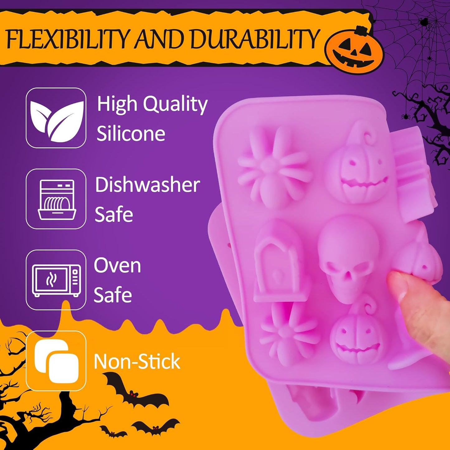 2 Pack Halloween Chocolate Molds, 18-Cavity Candy Molds with Skull Pumpkin Wizard Hat Bat Spider Tombstone for Chocolate Candy Gummy Jelly, Reusable Nonstick Halloween Molds for Baking