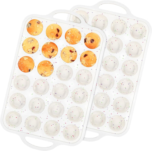 Silicone Muffin Pans With Metal Reinforced Frame - 24 Cups Durable Silicone Baking Pan for Muffins, Cupcakes, BPA Free and Dishwasher Safe - Beige with Rainbow Spots, Set of 2