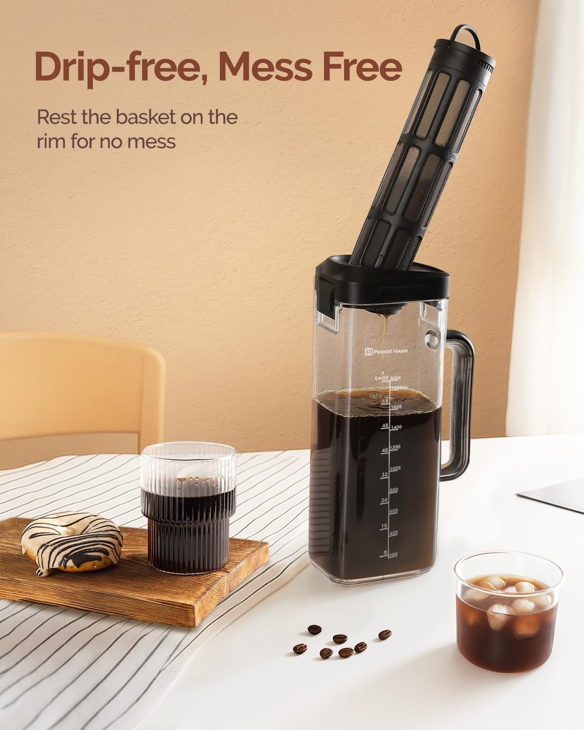 Maestri House Compact Cold Brew Coffee Maker, 64oz Iced Tea and Coffee Maker Brewer Space Saving Tritan Pitcher, 350 Mesh Filter, 100% Leak-Proof