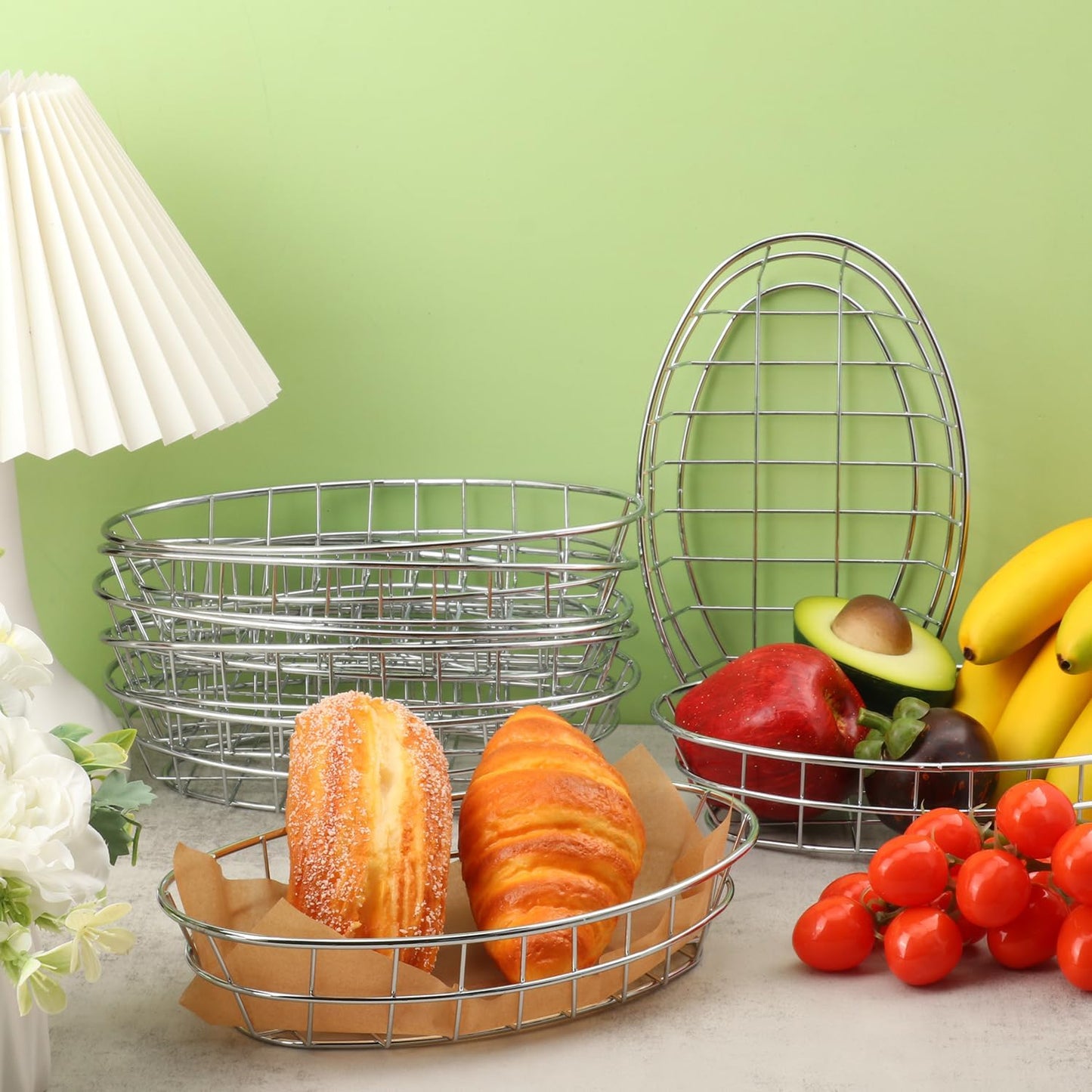 12 Pack Oval Wire Bread Basket, 9.65 x 6.1 x 2.17 Inch Metal Fast Food Baskets with 50 Sheets Deli Wrappers Paper, Metal Dinner Roll Baskets for Home & Kitchen, Serving and Storage(Silvery)