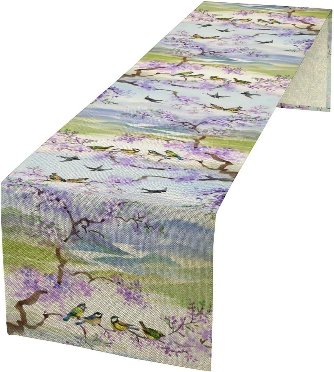 Watercolor Bird Landscape Table Runner, Chinoiserie Vintage Asian Landscape Mountain Spring Purple Table Runner for Kitchen Dining Table Decoration for Home Party 13x120 Inch