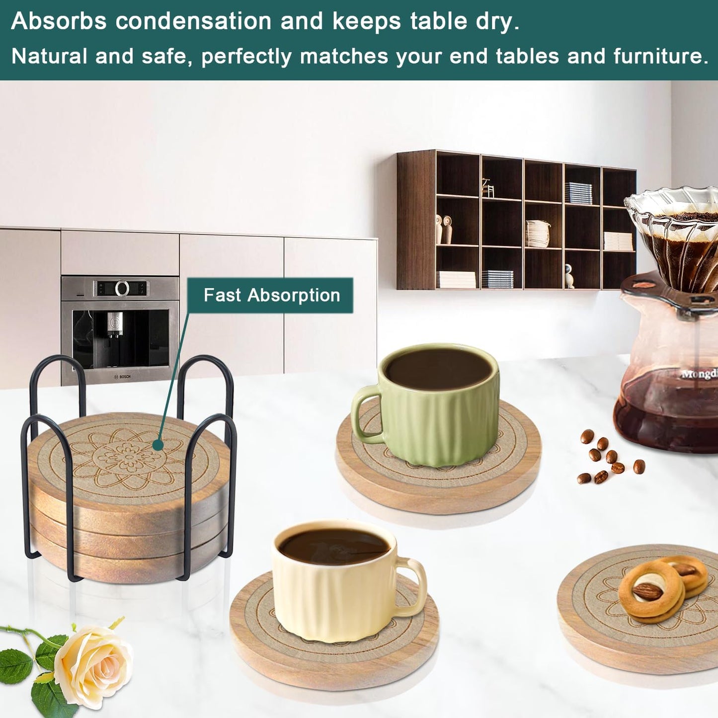 Wood Coasters for Drinks Housewarming Gifts for Home Decoration Absorbent Coasters with Holder for Coffee Tabletop Protection 4.3 Inch Beige