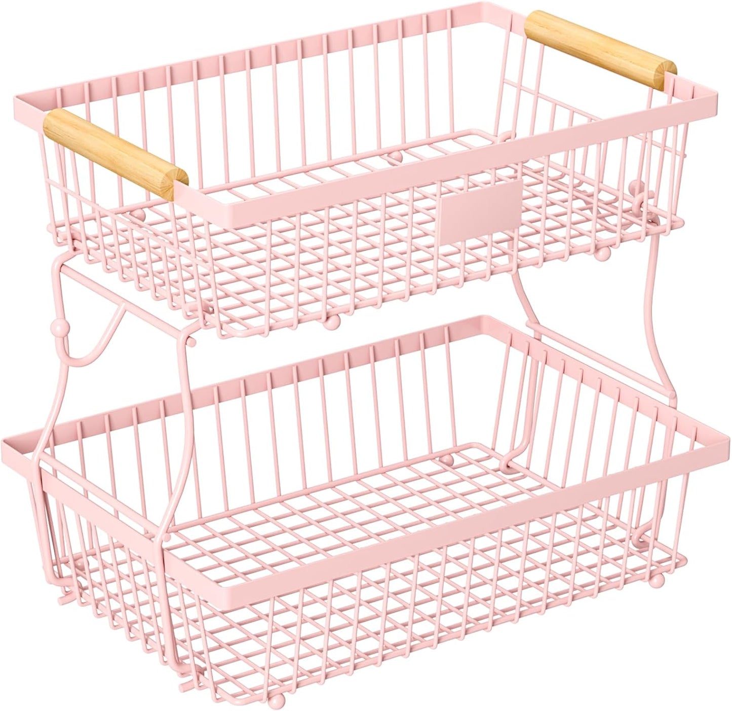 2 Tier Fruit Basket for Kitchen Counter with 2 Banana Hangers, Countertop Metal Fruit Bowl with Wooden Handle, Large Storage Stand for Vegetables, Snacks, Breads, Produce Storage – Pink