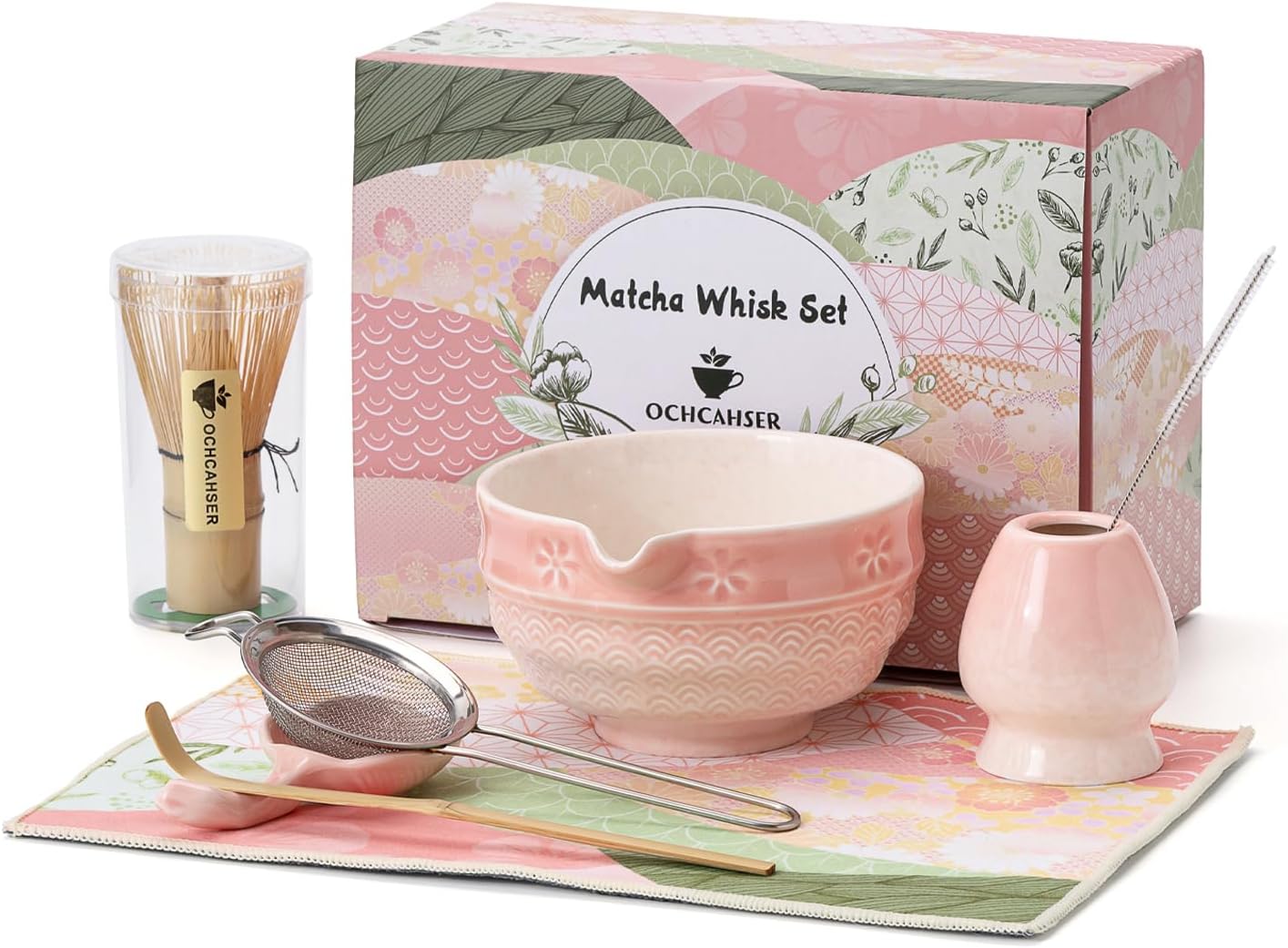 Matcha Tea Set, 8 Pcs Japanese Matcha Kit with Cherry Blossom and Wave Design Ceramic Bowl, Bamboo Whisk, Whisk Holder, Scoop, Sifter, Brush, Matcha Kit Set for Matcha Lovers (Pink Gradient)