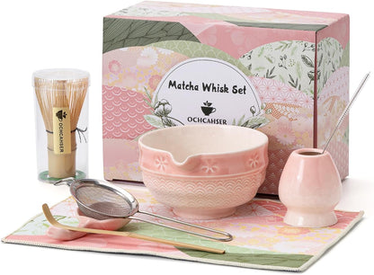 Matcha Tea Set, 8 Pcs Japanese Matcha Kit with Cherry Blossom and Wave Design Ceramic Bowl, Bamboo Whisk, Whisk Holder, Scoop, Sifter, Brush, Matcha Kit Set for Matcha Lovers (Pink Gradient)
