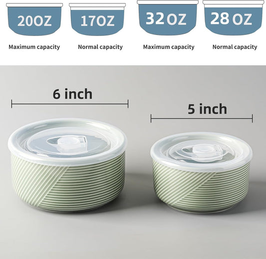 Ceramic Nesting Bowls with Lid: Microwave Safe Food Storage Containers for Work Lunch Picnic Camping Meal Prep Soup Salad Cereal Leftovers - 5 & 6 Inch, 20 & 32 oz, Set of 2, Green