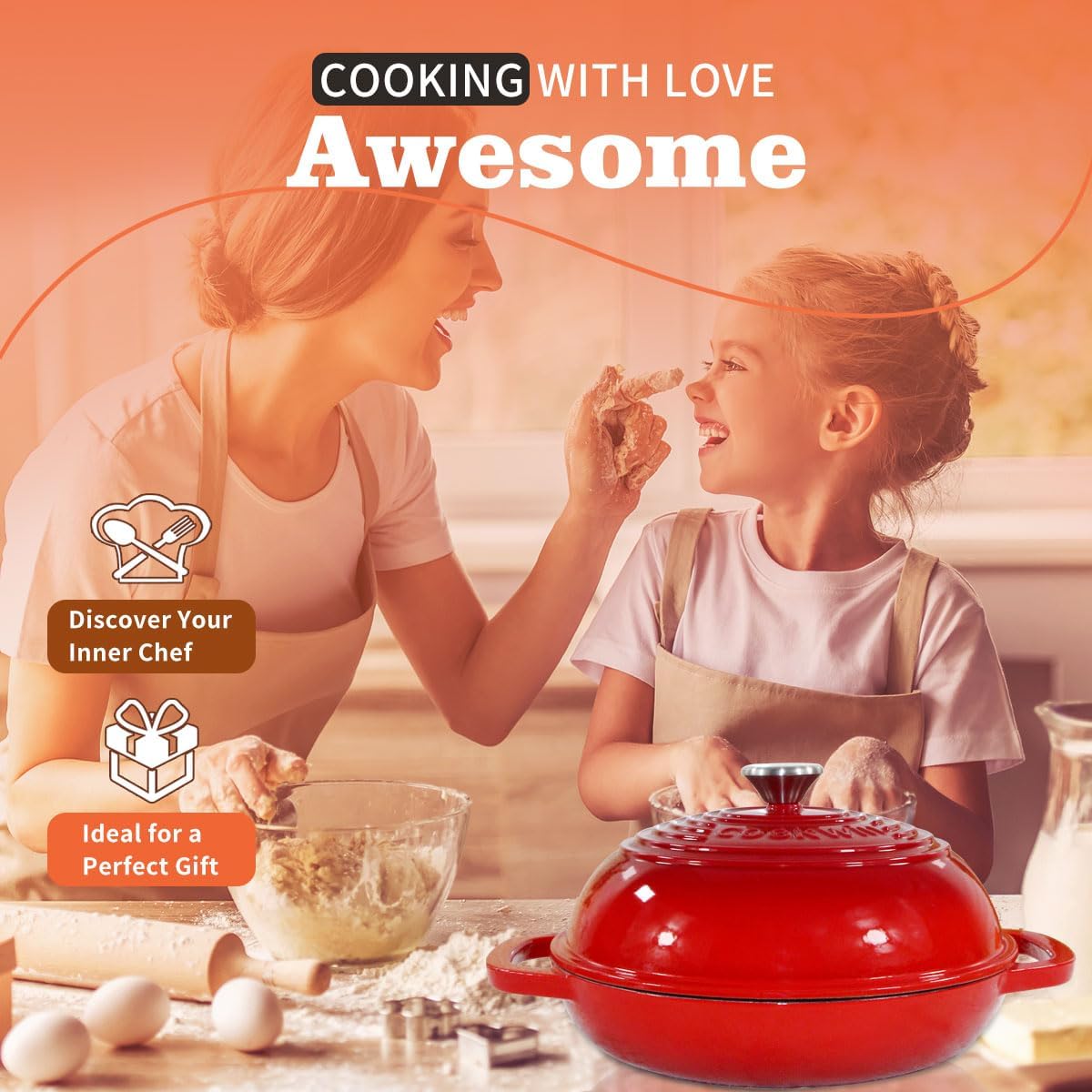 Enameled Cast Iron Dutch Oven with Lid,11”Dutch Oven for Homemade Bread,6 Quart Bread Pans,Bread Oven for Sourdough Bread Baking-with Silicone Baking Mat,Red Thick Enamel Bread Pan-Gifts for Family