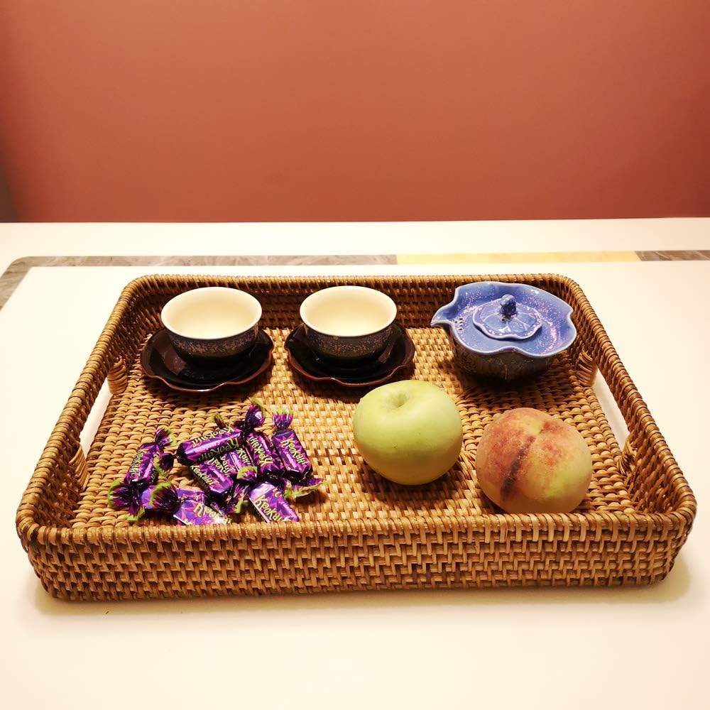 i-lan 17 Inch Oversize Handmade Rectangular Serving Trays with Cutout Handles and 2.3” Wall,Decorative Rattan Woven Storage Baskets Organizer Plate Tray for Bread,Fruits,Catch All Dish,XL,Brown