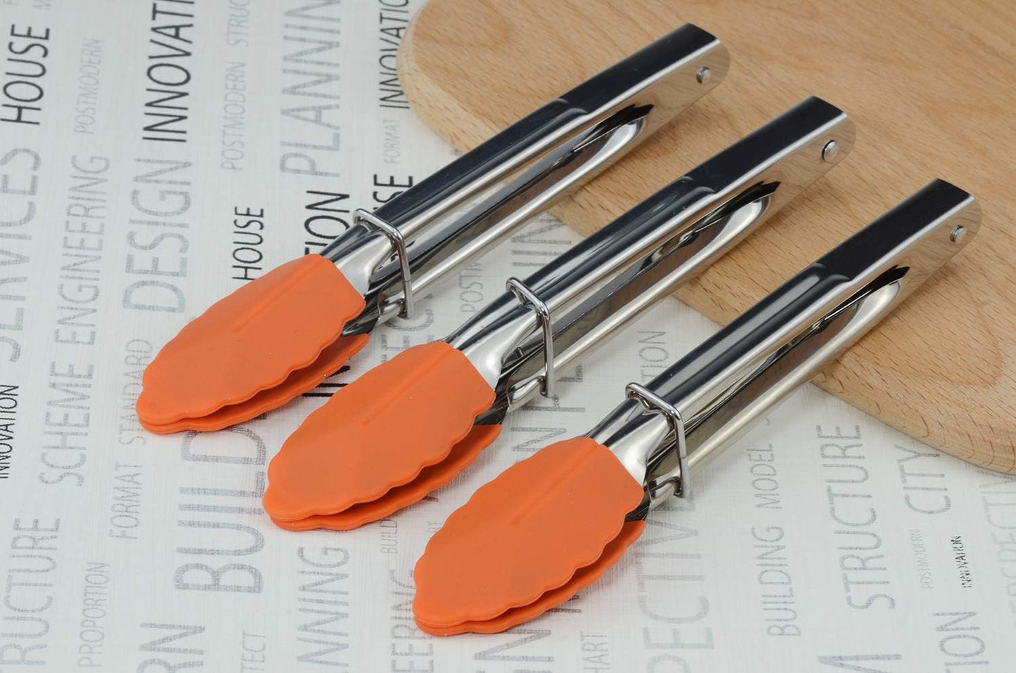 Appetizer Tongs 7-Inch Silicone Tipped Kitchen Tongs, Set of 3 (Orange)