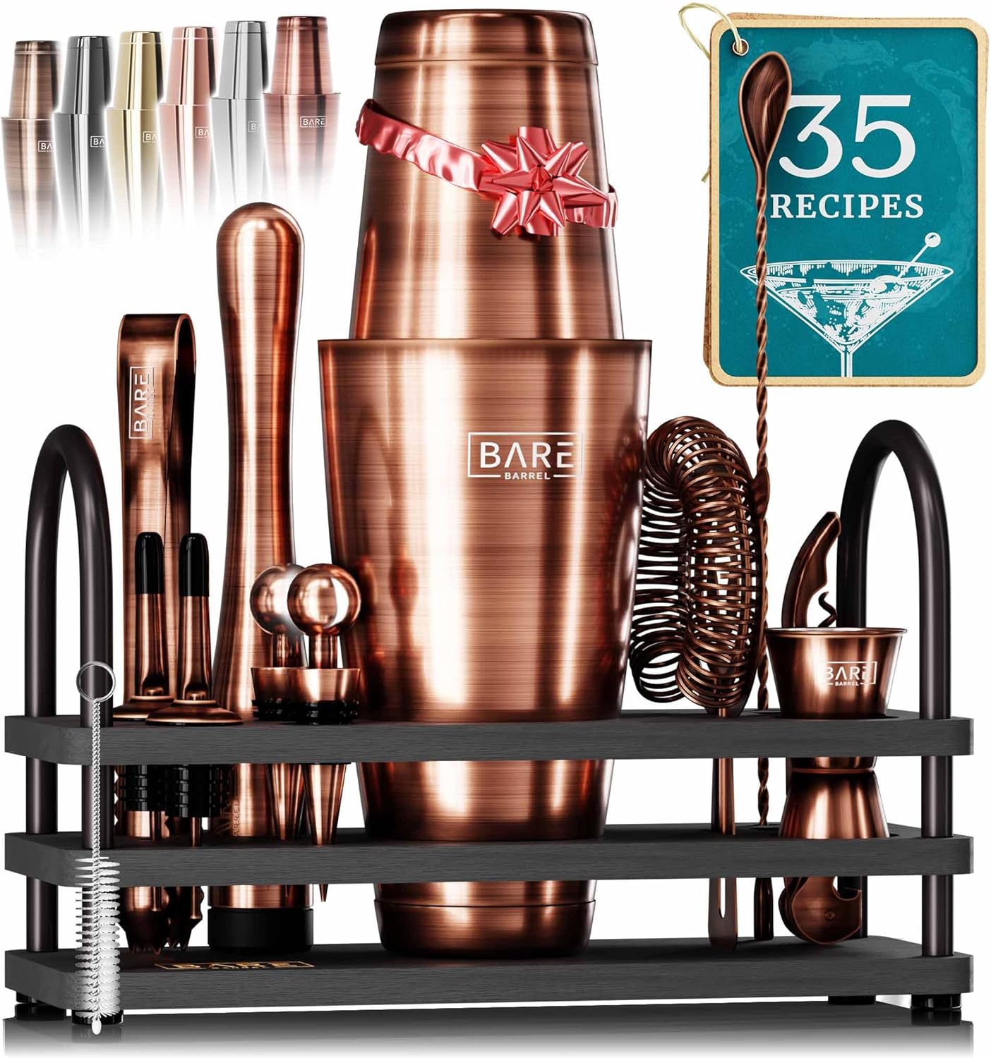 BARE BARREL® Mixology Bartender Kit Bar Set | 14-Piece Cocktail Shaker Set | Martini Barware Mixing Tools for Home Bartending | 35 Recipe Cards | Gift Set (28oz Boston Shaker, Copper/Black)