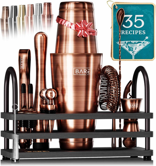 BARE BARREL® Mixology Bartender Kit Bar Set | 14-Piece Cocktail Shaker Set | Martini Barware Mixing Tools for Home Bartending | 35 Recipe Cards | Gift Set (28oz Boston Shaker, Copper/Black)