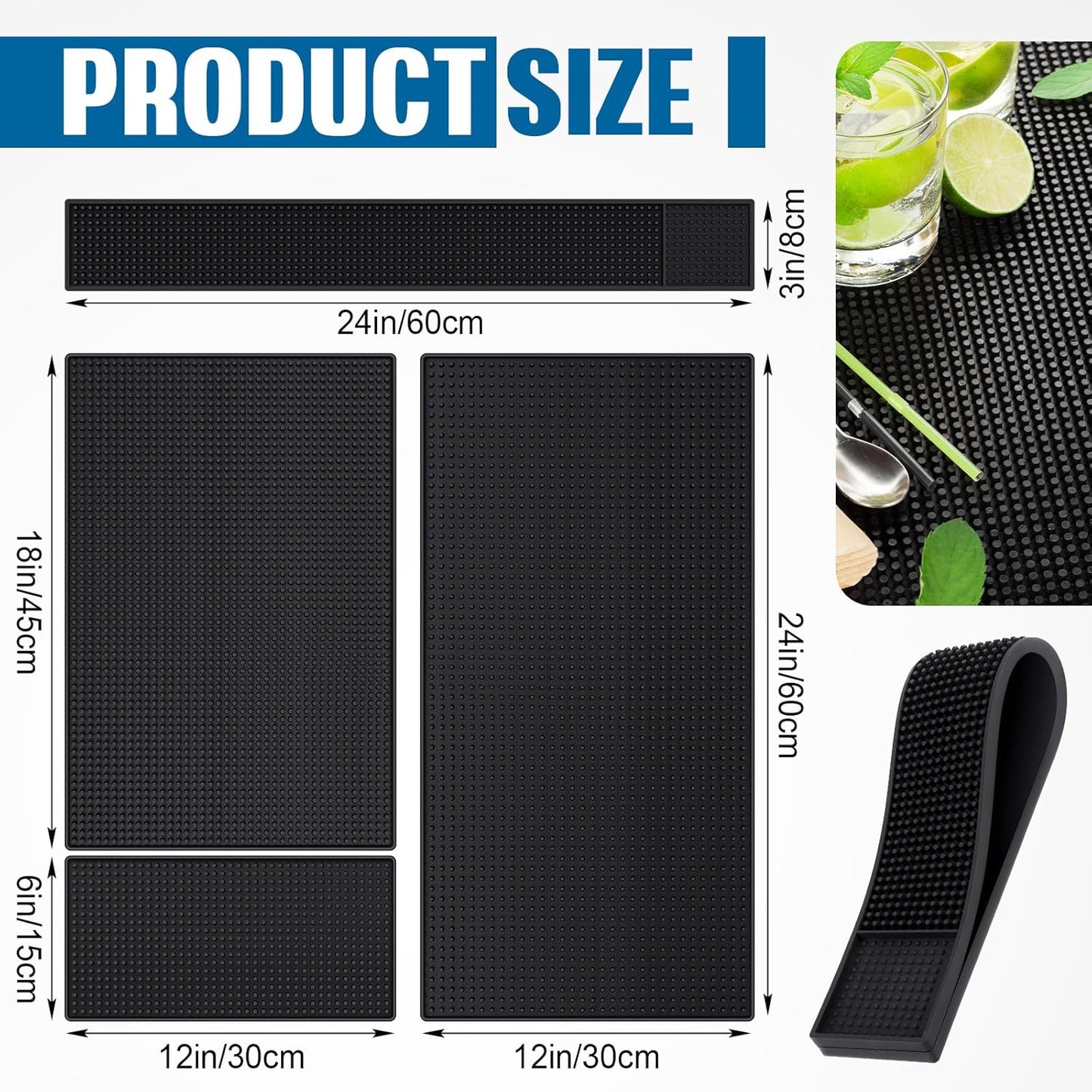 4 Pcs Thick Rubber Bar Mats for Bartending, Durable Non-slip Spill Mat for Countertop, Home Kitchen, Coffee Bars, and Restaurants Accessories, Black(24" X 12"+18" X 12"+24" X 3"+12" X 6")
