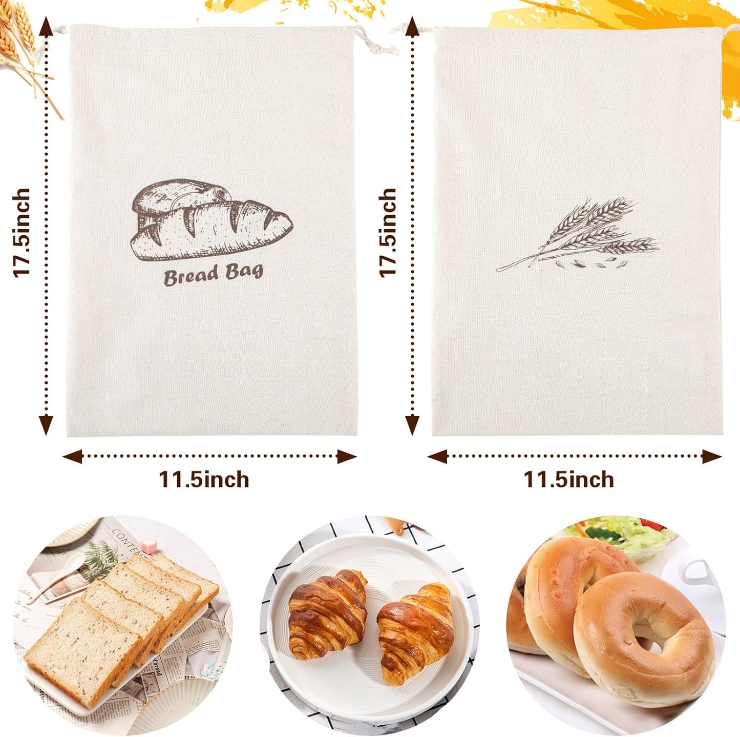 Augshy Bread Bags, 2 Pack Bread Bags for Homemade Bread, 17.7 * 11.8in Linen Bread Bag -Inside Lining to Keep Bread Fresh -Reusable Bread Bags