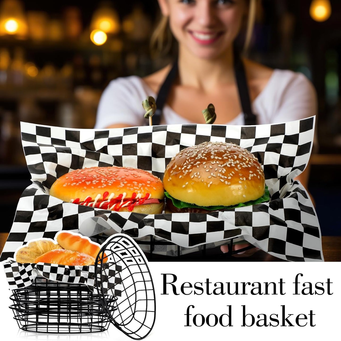 Hushee 12 Pcs Wire Bread Basket Bulk 9.5x6.2x2.2 Inch Oval Metal Dinner Roll Baskets for table Serving Fruit Bowl with 50 Checked Deli Paper Liners for Restaurant Kitchen Fast Food