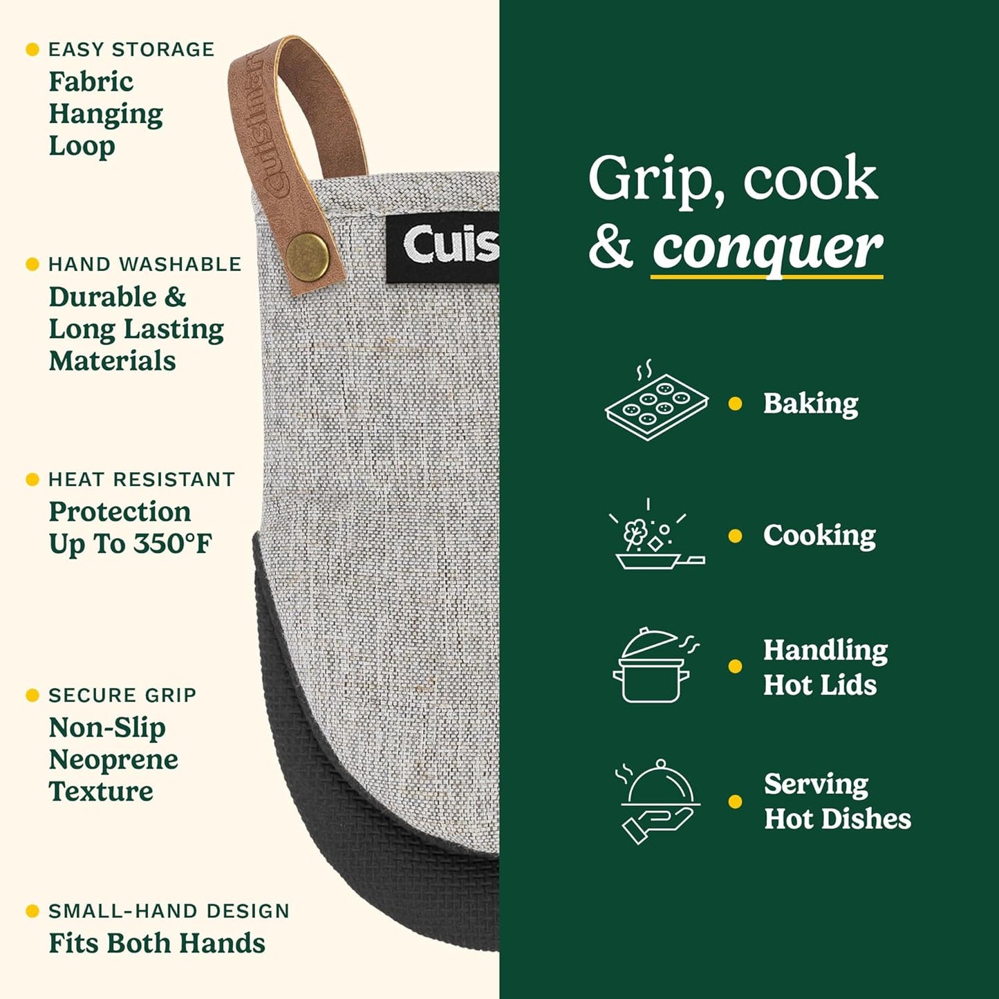 Cuisinart Heritage Mini Oven Mitts – 5.5” x 7” Heat-Resistant Kitchen Mitts for Oven with Non-Slip Neoprene Palm, Cotton Filling, and Faux Leather Loop – Durable Oven Mitt Set for Cooking & Baking