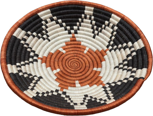 Handwoven African Basket Handmade sisal Fruit Bowl Wall Hanging decorative Baskets for Home Living Room Kitchen Centerpiece Zen Designs Arts and Crafts (Red Black Natural, 12in diameter)
