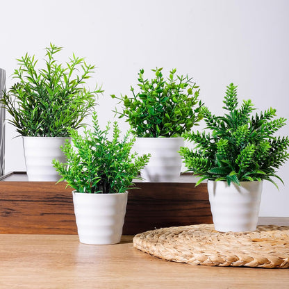 4 Pack Fake Plants Greenery Small Faux Plastic potted Plant Artificial Plants Indoor for Living Room Home Decor Modern Bathroom Kitchen Counter Office Desk Farmhouse Classroom Decor Camper Décor