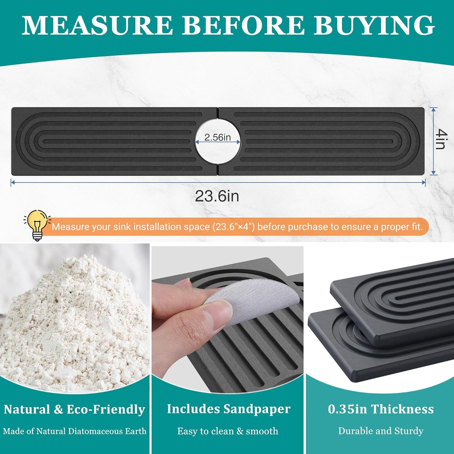 Stone Faucet Mat for Kitchen Sink - Quick Dry Diatomite Sink Splash Guard, Prevents Moisture Buildup & Water Stains, Water Absorbing Stone Tray for Bathroom Countertop (Dark Gray, 23.6" x 4")