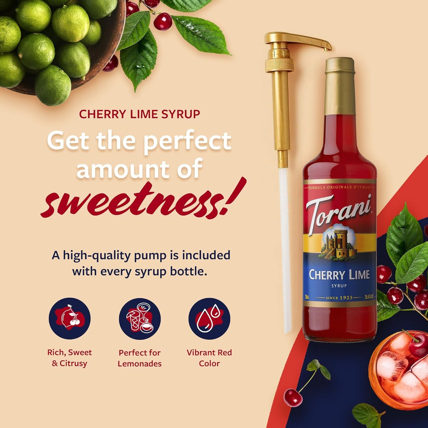 Torani Cherry Lime Syrup for Drinks, Flavoring for Iced Tea, Lemonade, Sodas, and Cocktails, Glass Bottle with Pump Included, 25.4 Fl Oz