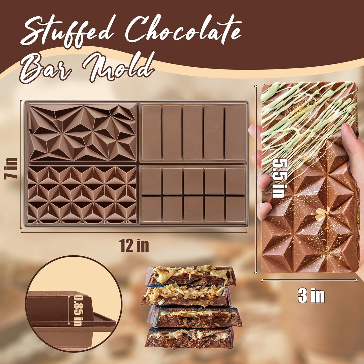 HKNMTT Chocolate Bar Silicone Molds, Large Stuffed Dubai Pistachio Deep Bar Moulds Kit 1 Inch Thick Big Pack of 2, Ideal for Homemade Making Bar Candy Bar Bpa Free DIY