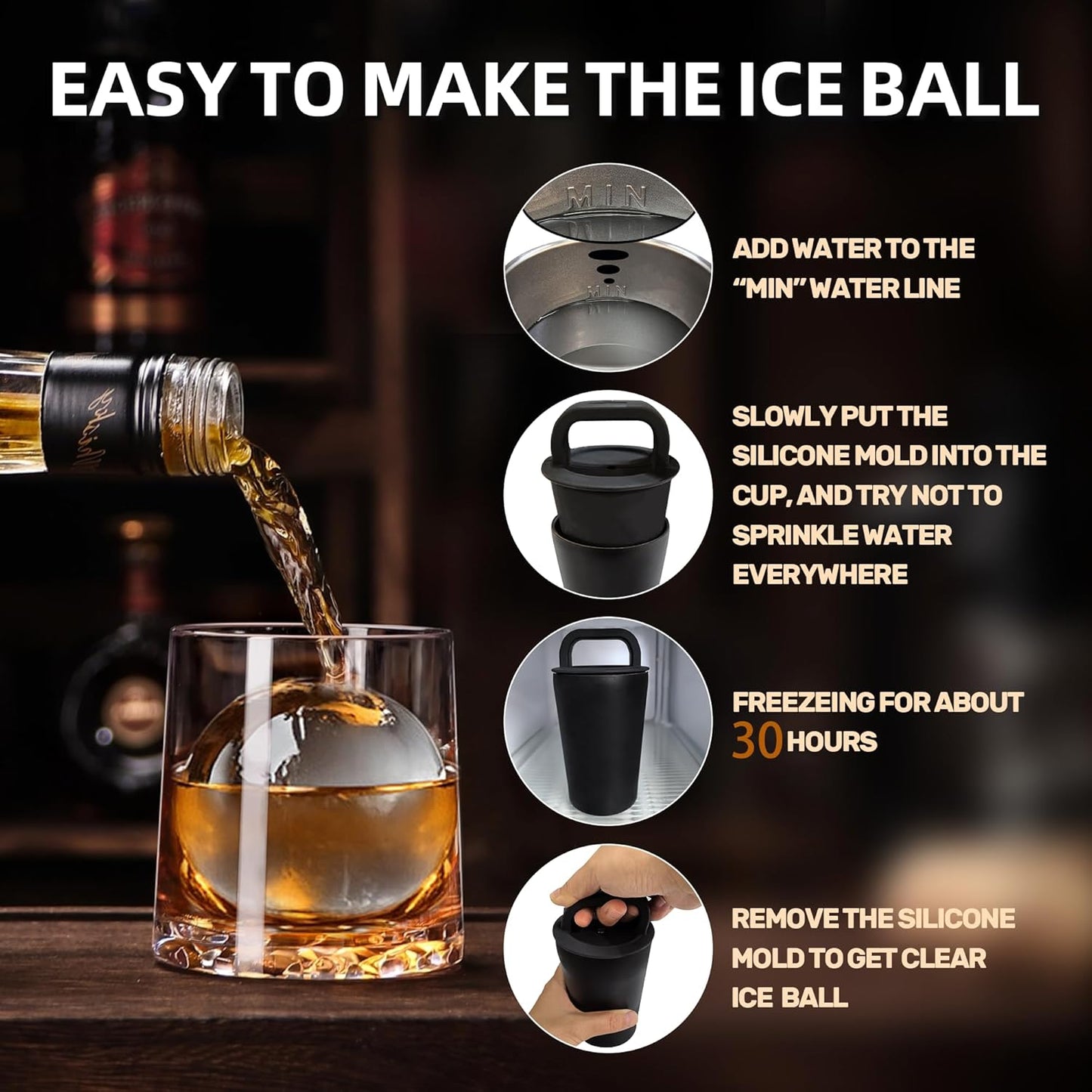 Clear Ice Cube Maker Tray – 2.5 Inch Large Round Ice Ball Mold, Stainless Steel & Silicone, Slow Melting Clear Sphere Ice for Whiskey, Cocktails, and Home Bar Use (Black-1 Pack)