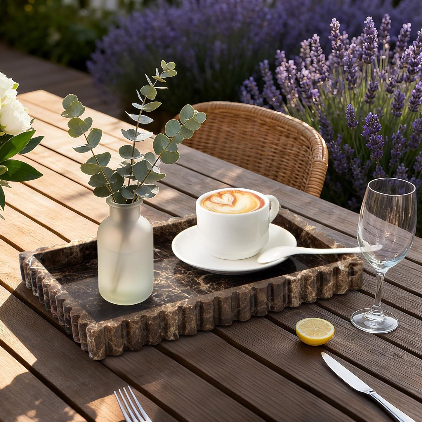 Natural Marble Tray for Bathroom, Real Stone Decorative Vanity Tray with Fluted Edge, Large Marble Serving Storage Tray for Kitchen Counter, Dresser, Home Decor, 11.8" x 8", Dark Brown