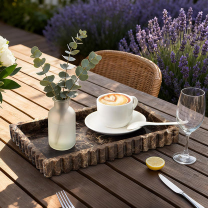Natural Marble Tray for Bathroom, Real Stone Decorative Vanity Tray with Fluted Edge, Large Marble Serving Storage Tray for Kitchen Counter, Dresser, Home Decor, 11.8" x 8", Dark Brown