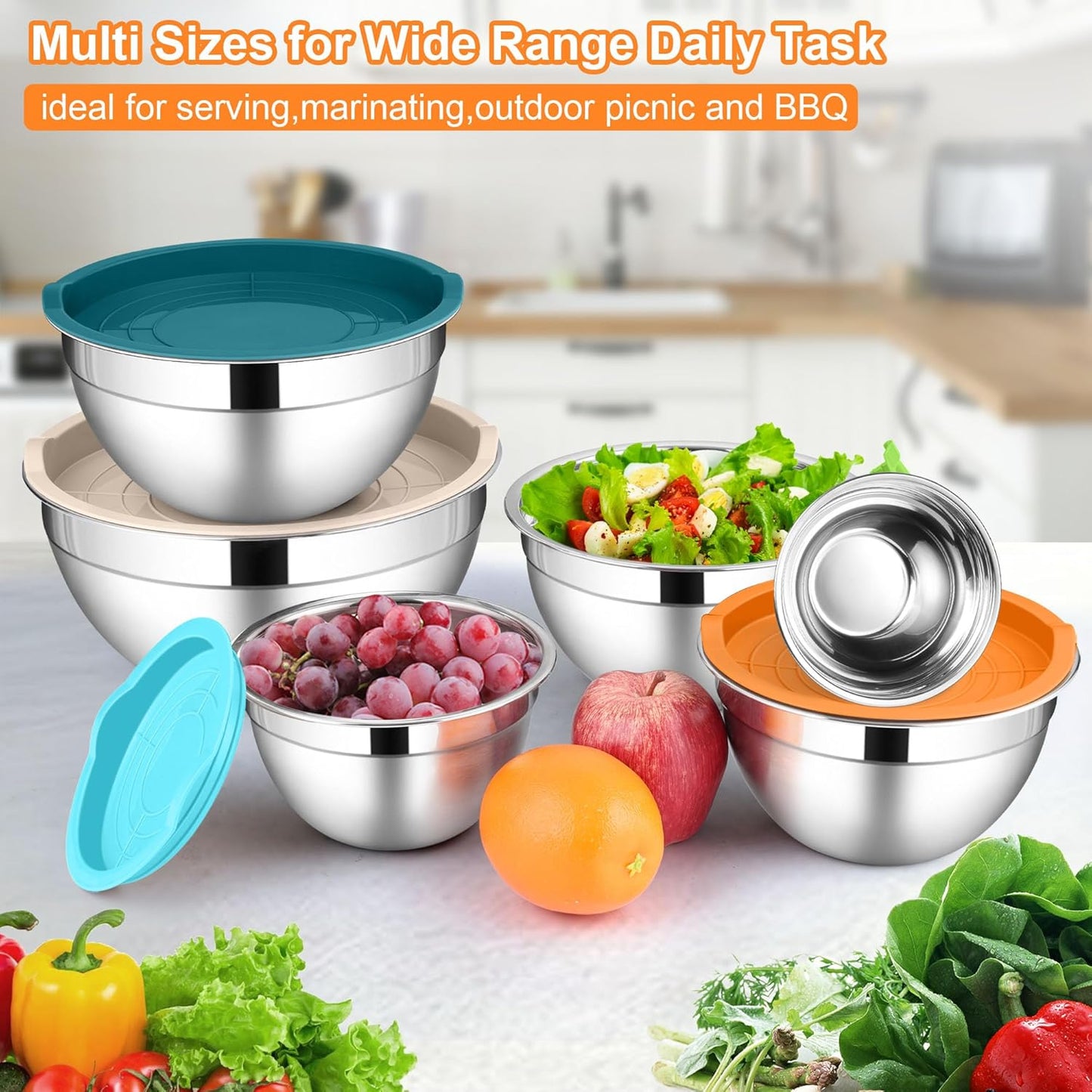 LIANYU Mixing Bowls with Lids Set of 6, Large 7 & 3.5 & 2.5 & 2 & 1.5 & 1QT Stainless Steel Serving Bowls, Kitchen Metal Nesting Bowl for Cooking, Food Storage, Dishwasher & Freezer Safe, Multi-Color