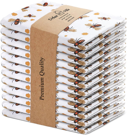 Urban Villa Dinner Napkins Honey Bee Print Cloth Napkins (Set of 12) Oversized 20x20 Inches 100% Cotton Premium Quality Soft Durable with Mitered Corners Reusable Washable Everyday Use Parties Napkins