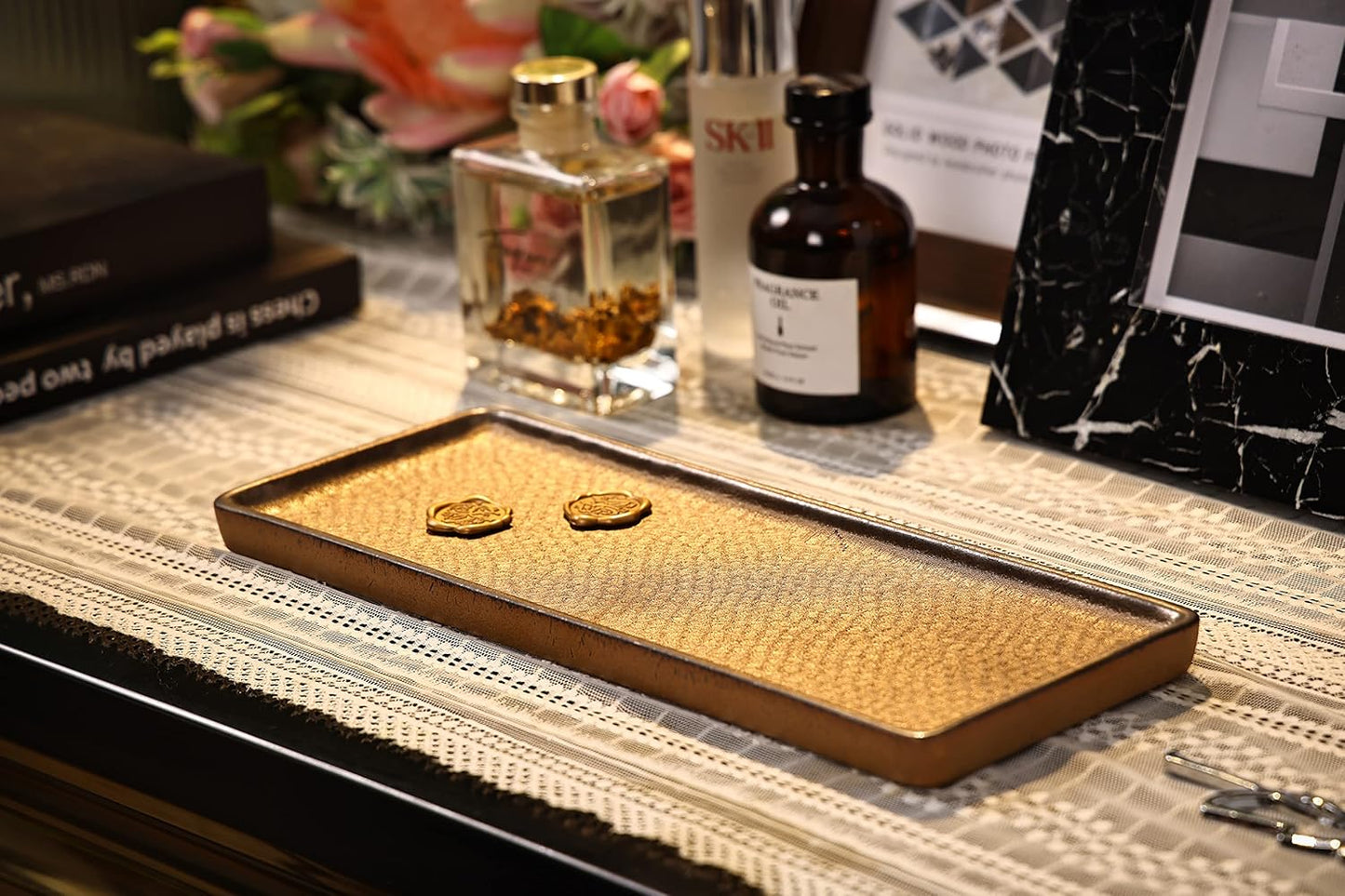 Vanity Tray, Ceramic Decorative Tray, Rectangular, Brown, 12"4.7", Rustic Finish, Raised Edges, Perfect for Perfume, Jewelry, Bath Accessories, Cosmetics, Toiletries