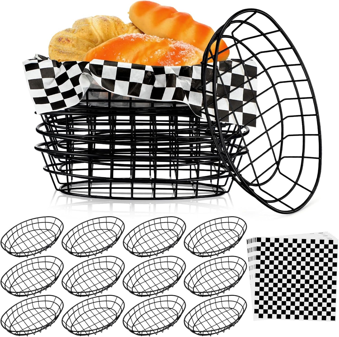 Hushee 12 Pcs Wire Bread Basket Bulk 9.5x6.2x2.2 Inch Oval Metal Dinner Roll Baskets for table Serving Fruit Bowl with 50 Checked Deli Paper Liners for Restaurant Kitchen Fast Food