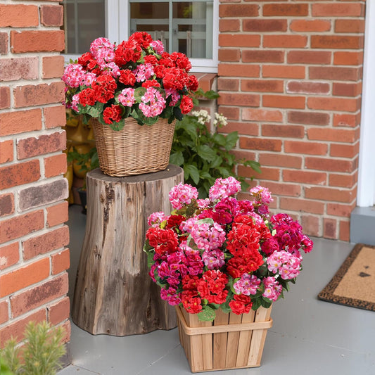 Artificial Geraniums Fake Flowers for Outdoors Decoration, 6 Bundles Silk Geraniums Flower UV Resistant Look Real Faux Plants for Front Door Garden Porch Planter Patio Balcony Yard Indoor Home, Mix