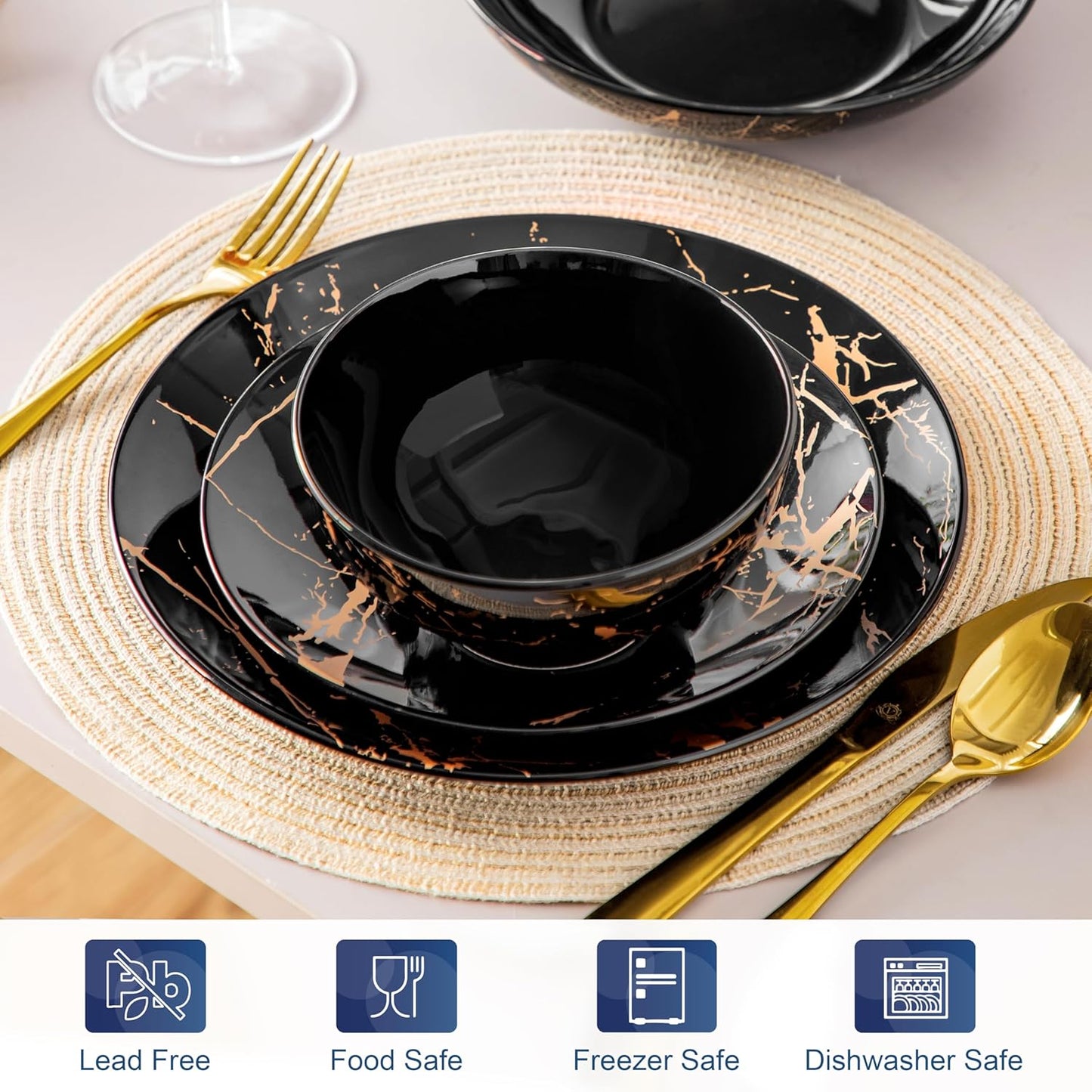 LOVECASA Plates and Bowls Sets for 6, 24 Pieces Porcelain Dinnerware Sets, Black and Gold Dish Set Gold Splash Dishware Sets, Dishwasher Microwave Safe