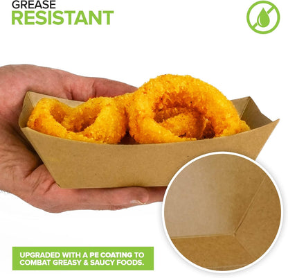 [250 Pack] Large Disposable Brown Kraft Paper Food Trays, 2-Lb Concession Tray, Serving Boats for Party Snacks, Taco Bar, Seafood, Nachos Plates