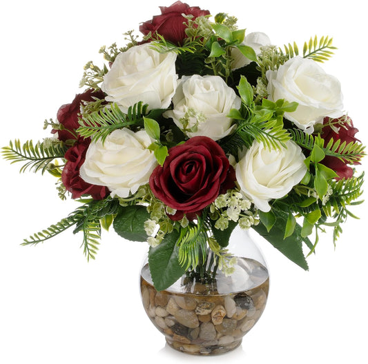 ENOVA FLORAL 18 Heads Silk Rose Artificial Flowers in Vase,Faux Rose Flowers Arrangement in Round Bowl Vase with Faux Water and River Rock for Table Decor Centerpieces (Burgundy Cream)
