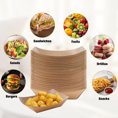 100 Pack Paper Food Boats, 3 Lb Heavy Duty Kraft Paper Food Trays, Disposable Serving Basket, Disposable Nacho Trays for Party Snacks French Fries Hot Dog Nachos BBQ Popcorn Taco, Brown