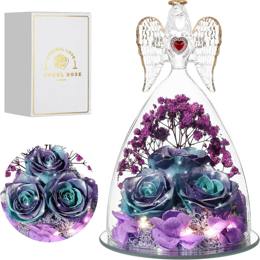 Mothers Day Rose Gifts for Women, Large Angel Figurines with Real Roses, Preserved Real Flower Rose for Her, Glittery Blue Purple