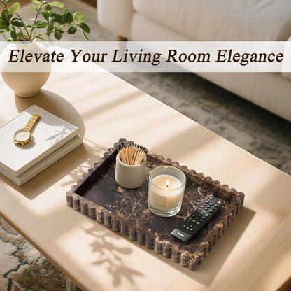 Natural Marble Tray for Bathroom, Real Stone Decorative Vanity Tray with Fluted Edge, Large Marble Serving Storage Tray for Kitchen Counter, Dresser, Home Decor, 11.8" x 8", Dark Brown