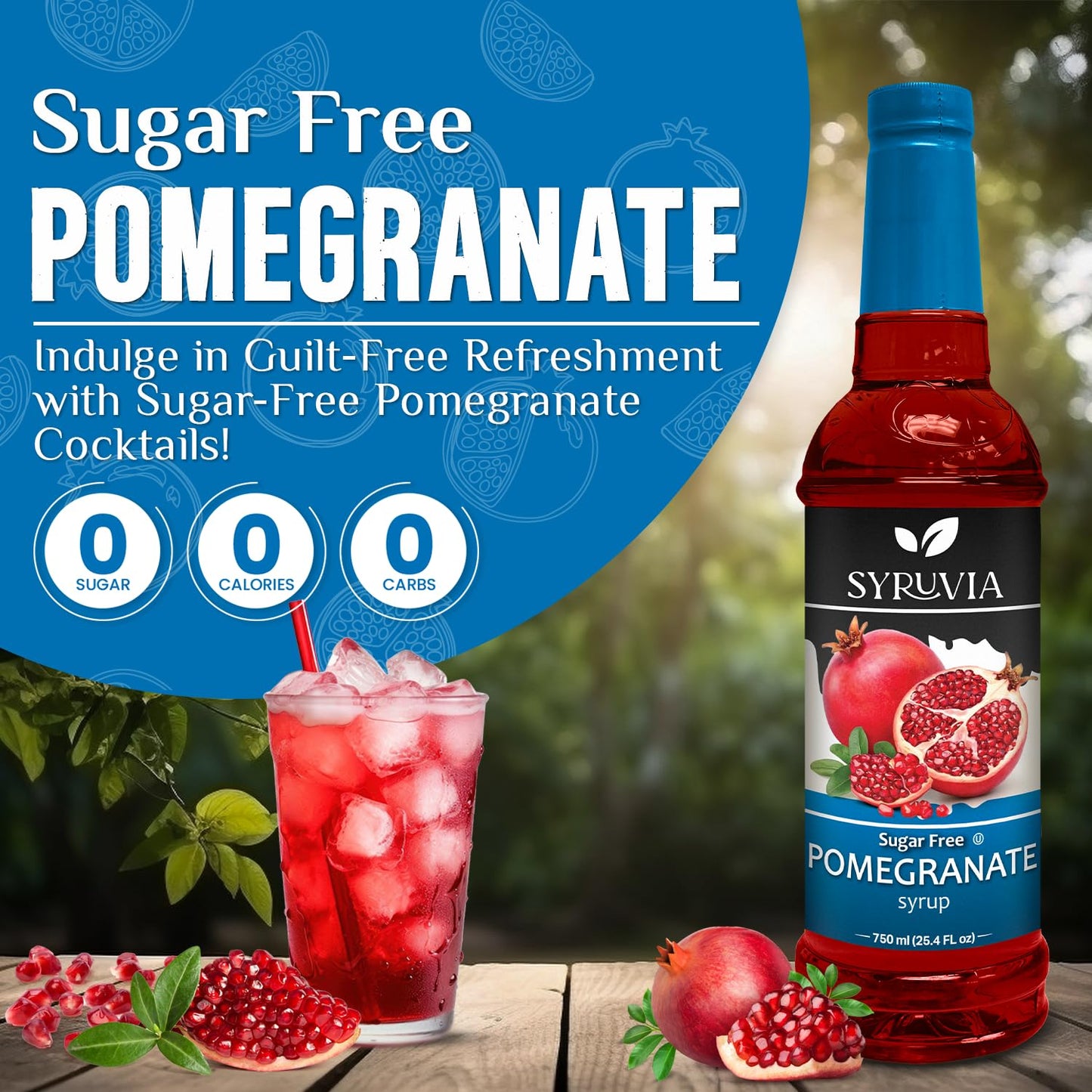 Syruvia Sugar-Free Pomegranate Syrup, Flavored Syrup for Drinks, Cocktails, Lemonades, Iced Teas, and Desserts – 25.4 fl oz