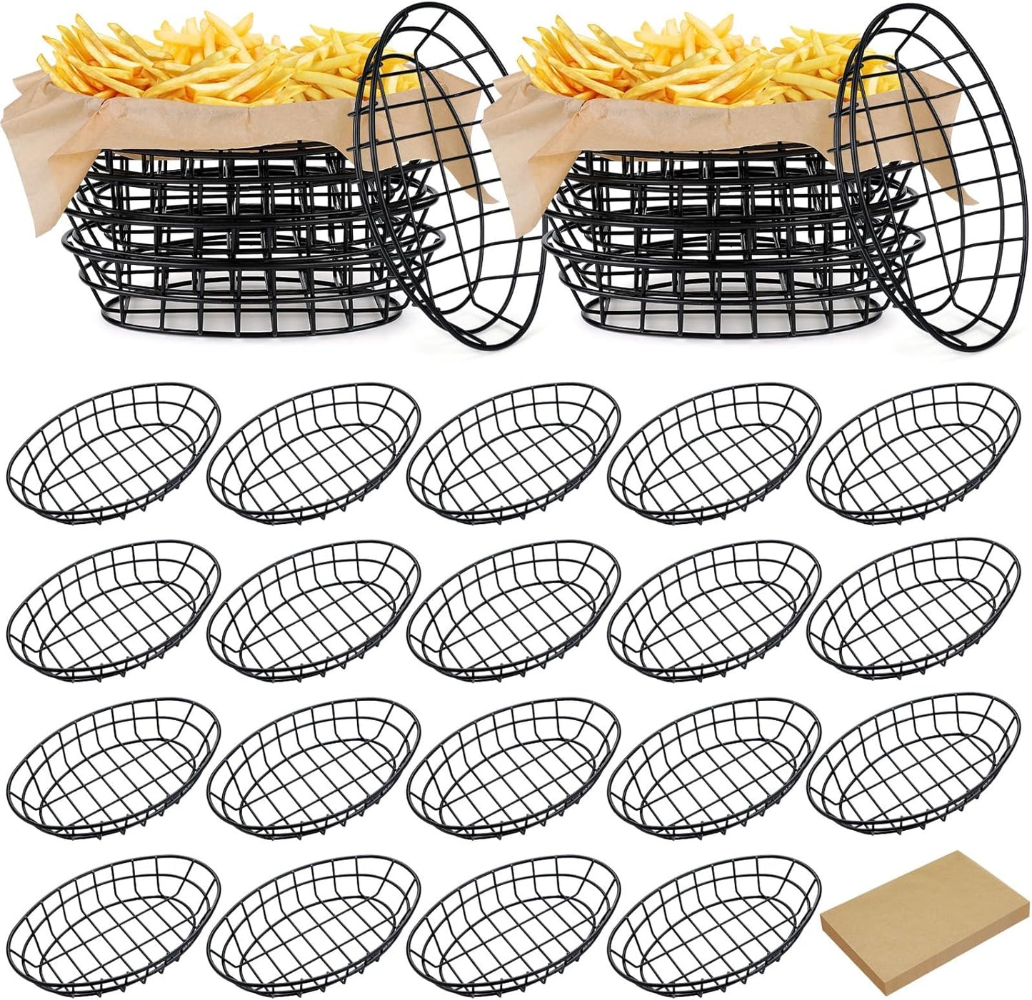 Hushee 24 Pcs Black Wire Bread Basket 9. 5 x 6. 2 x 2. 2 Inch Oval Metal Dinner Roll Baskets Storage with 100 Sheets Deli Wrappers Paper for Kitchen Table Fast Food