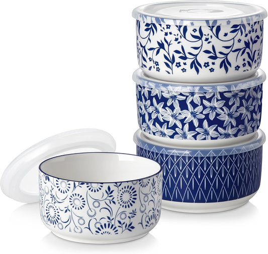 vancasso 36 Oz Ceramic Serving Bowls with Lids Set of 4, Porcelain Lunch Bowls with Lids for Food Storage, Prep Bowl for Kitchen, Microwave & Dishwasher Safe,Series SELENE