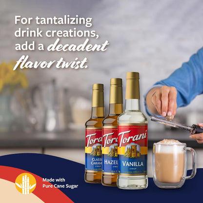 Torani Syrups, Classic Caramel, Hazelnut, and Vanilla Syrup Variety 3-Pack, Coffee Syrups for Drinks, Pumps Included, 25.4 Fl Oz Ea
