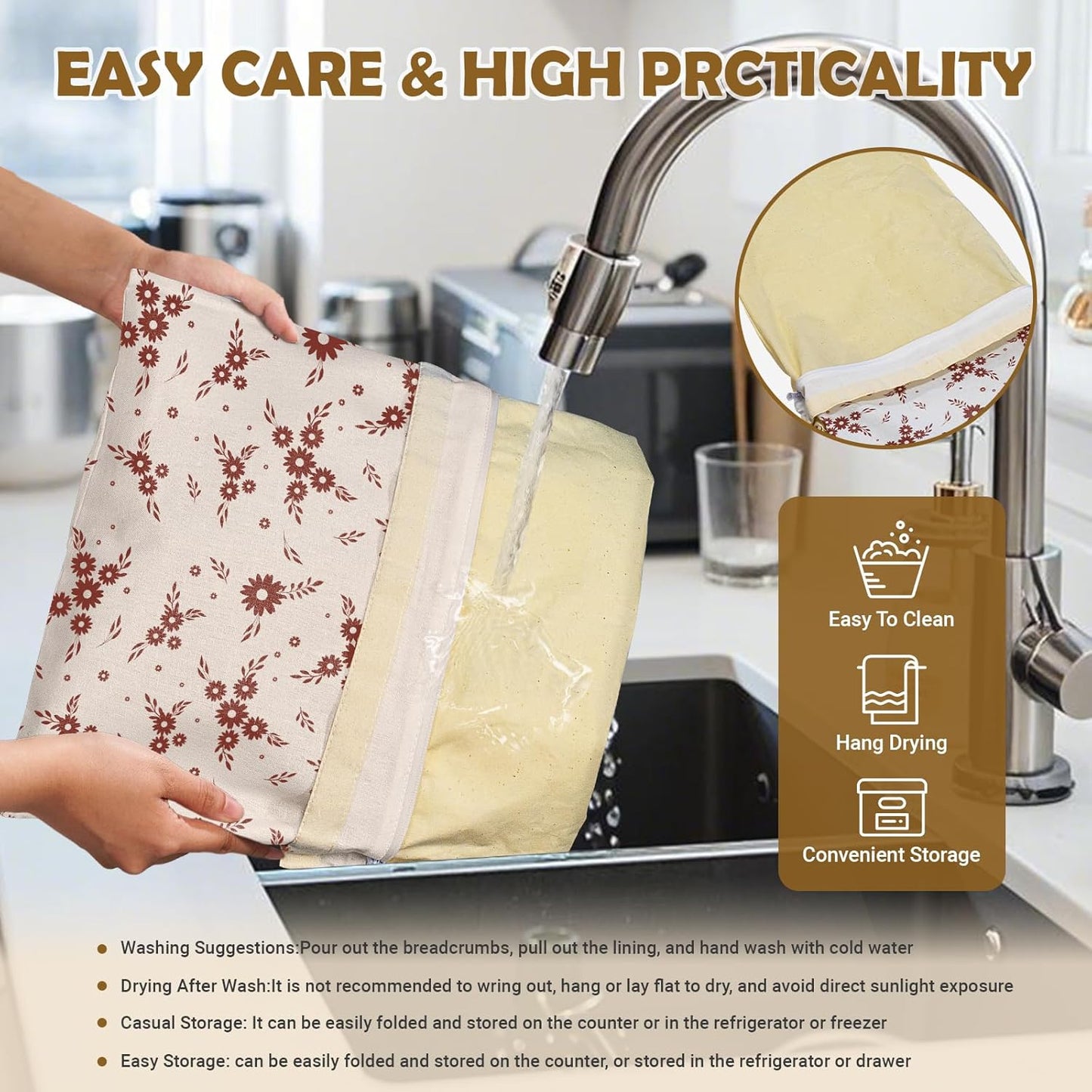 Large Linen Beeswax Bread Bags(2 Pack) Sourdough Bread Bags Reusable Double-Lock Freezer Baking Container Gift Giving for Homemade,Loaf,Sourdough,Food Storage (Flowers 2)