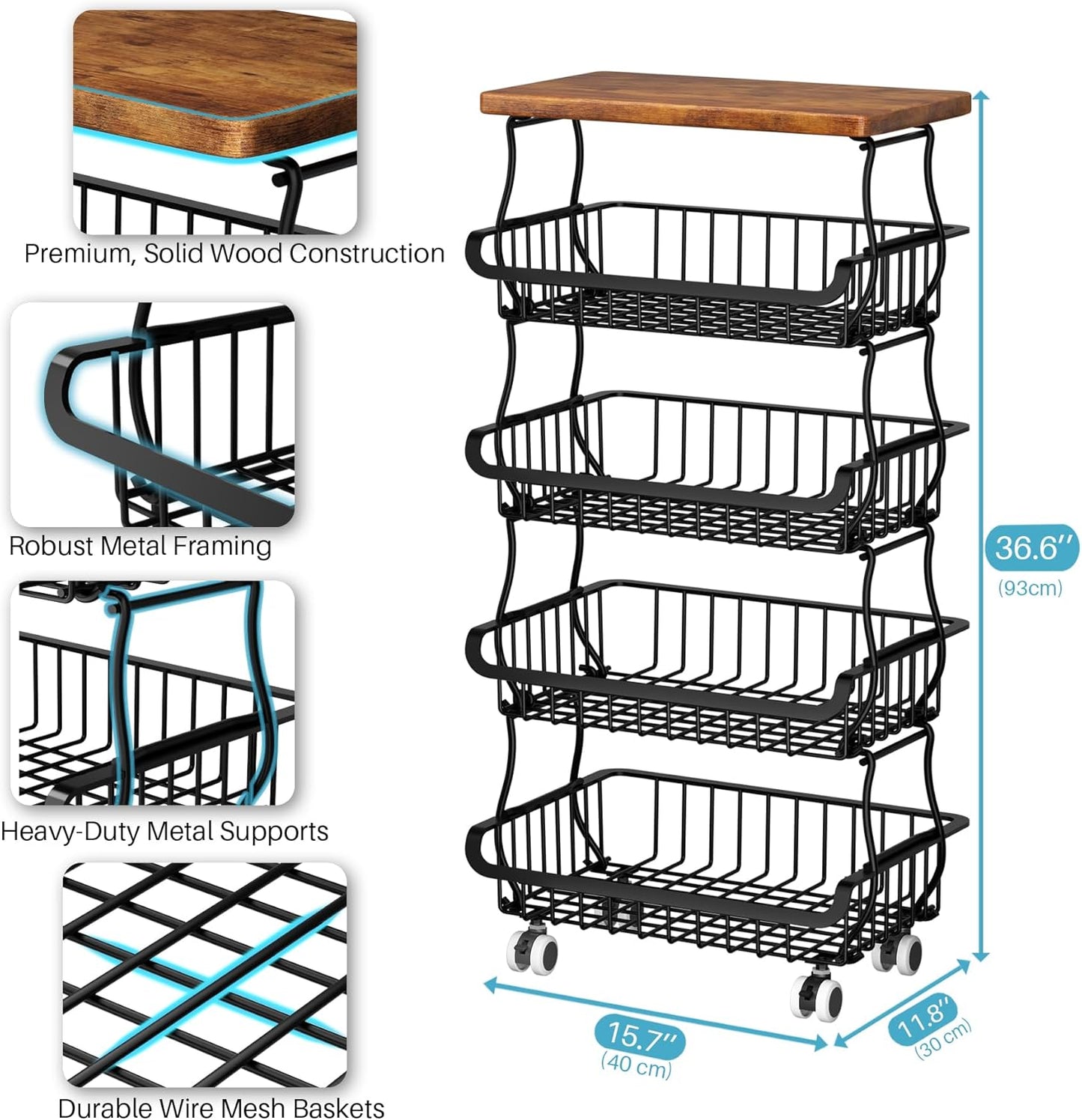 5 Tier Vegetable Fruit Basket for Kitchen, Stackable Metal Fruit and Vegetable Storage Baskets with Rolling Wheels Cart, Pantry organizers and storage for Kitchen Bathroom Livingroom Laundry room Cart