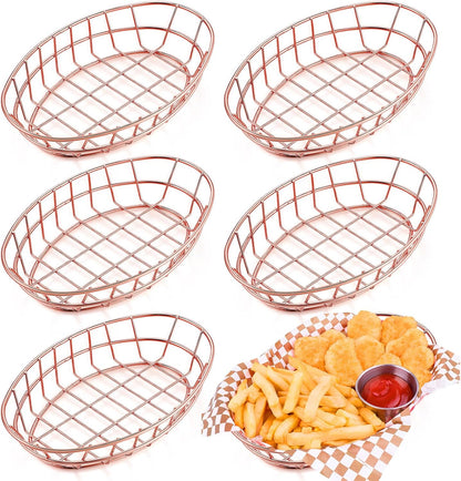 Tioncy 6 Pcs Chrome Oval Metal Wire Baskets 9.5 x 6.2 x 2.2 Inch Bread Serving Decorative Sandwich Container Christmas Party Fast Food Basket for Fruit Burger Kitchen Restaurant(Rose Gold)