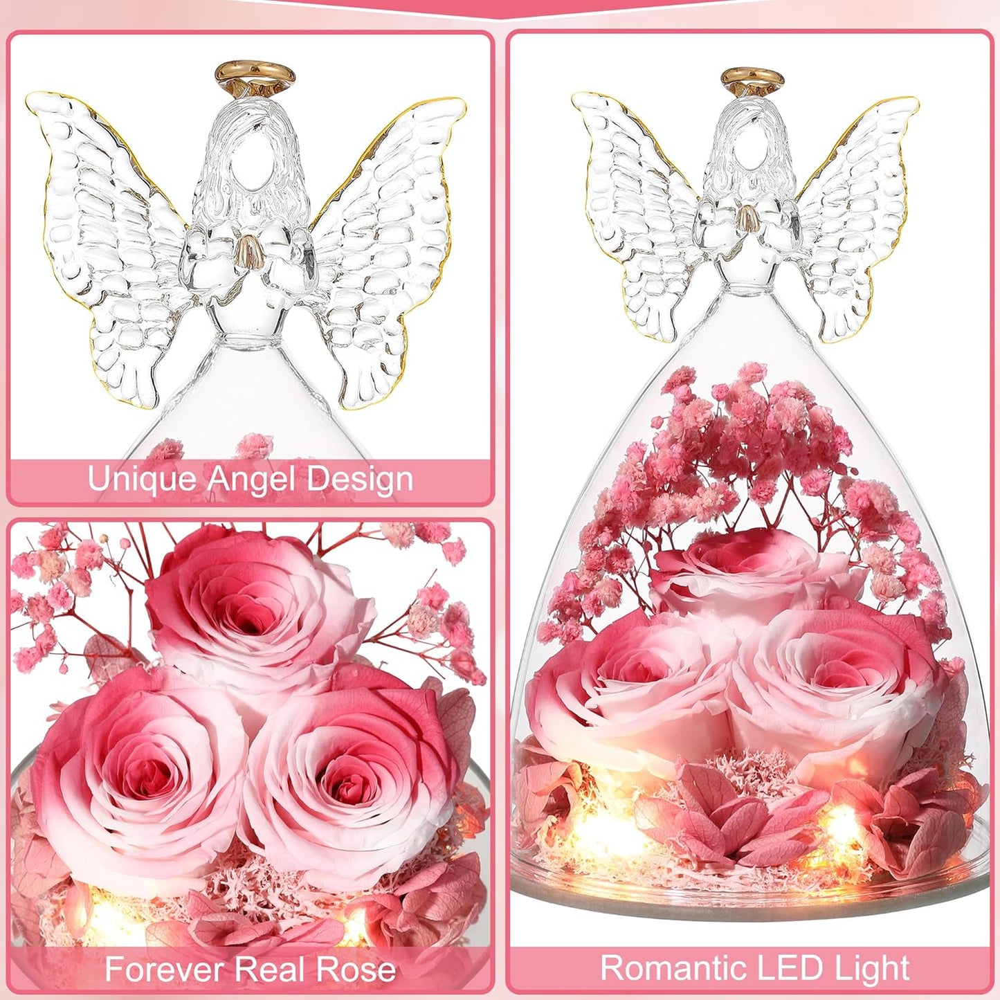 Christmas Rose Gifts for Women Preserved Real Flower in Glass Angel Figurines Roses for Delivery Prime Birthday Gifts for Mom Grandma Girlfriend Wife Her, Pink White