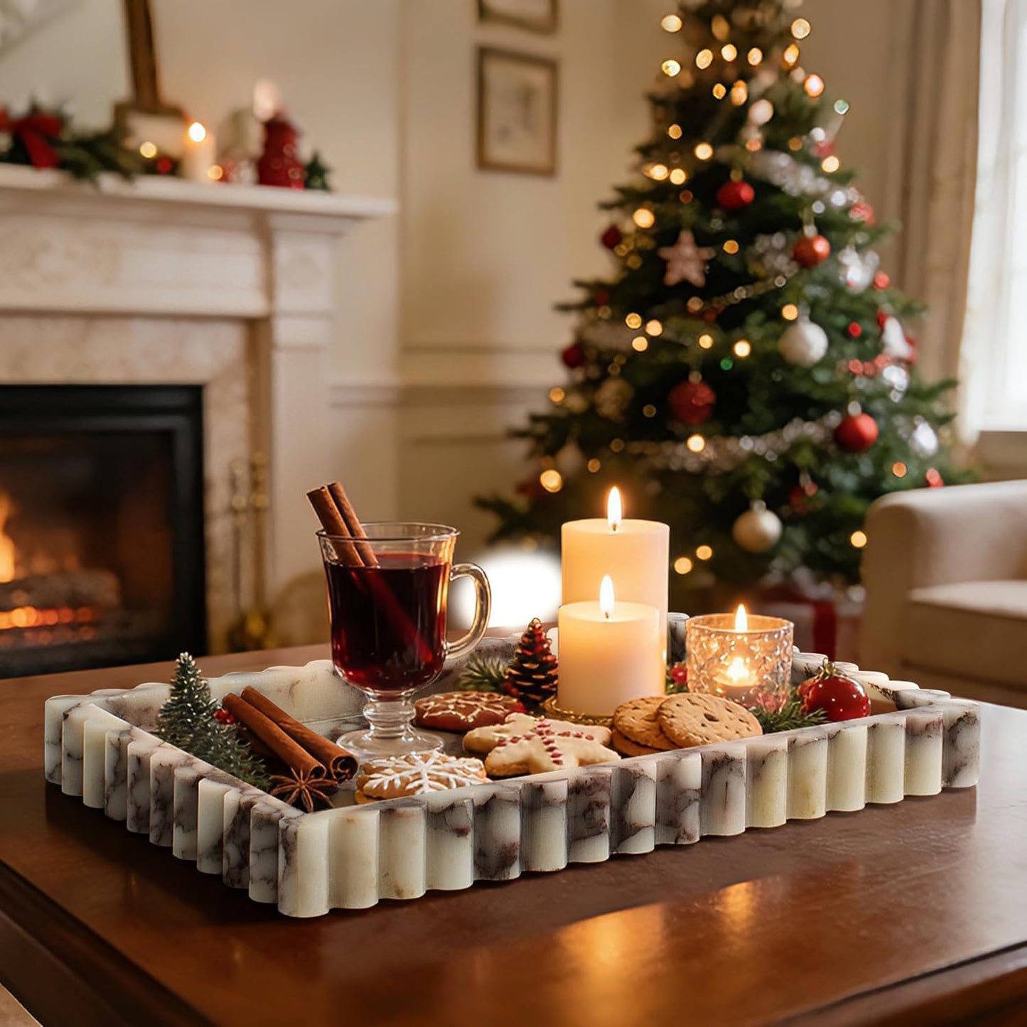 Natural Marble Tray for Bathroom, Real Stone Decorative Vanity Tray with Fluted Edge, Large Marble Serving Storage Tray for Kitchen Counter, Dresser, Home Decor, 11.8" x 8", Calacatta Viola