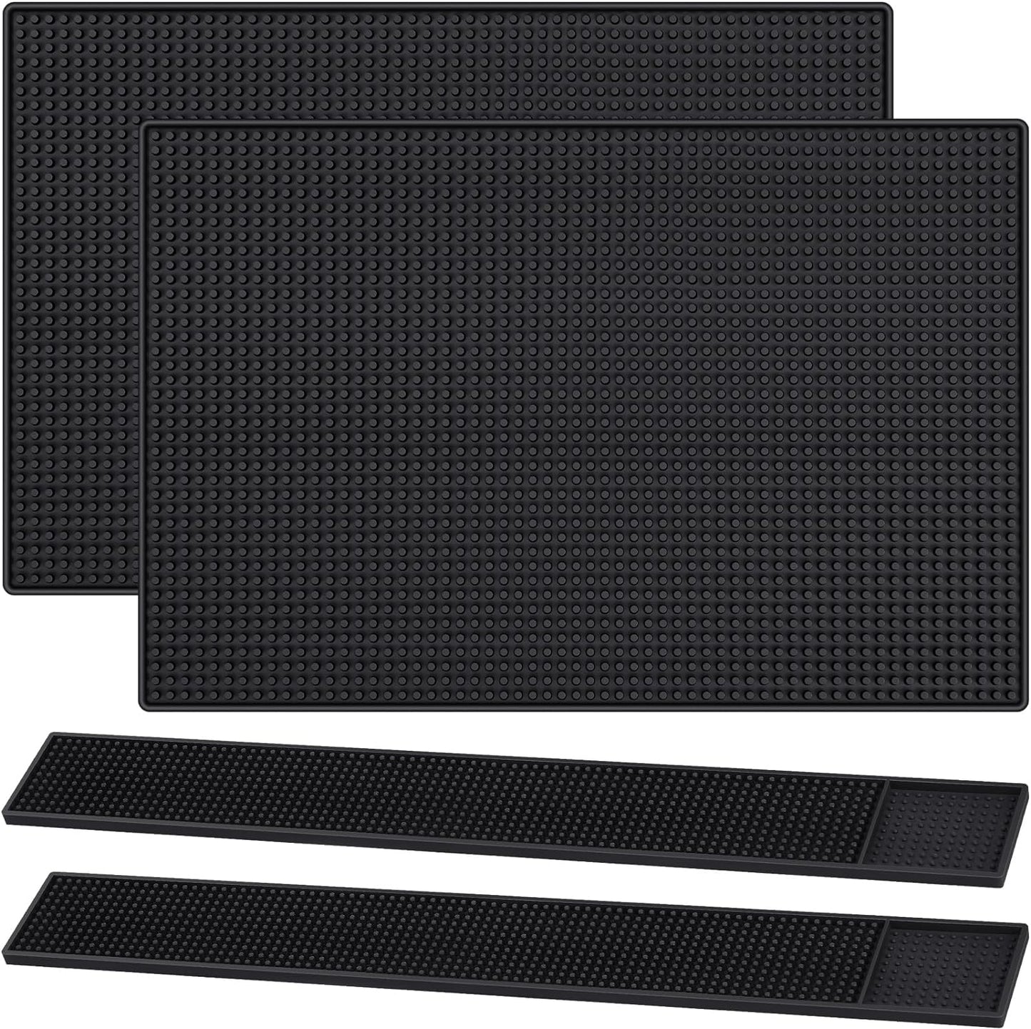 4 Pcs Thick Rubber Bar Mats for Bartending, Durable Non-Slip Spill Mat for Countertop, Home Kitchen, Coffee Bars, and Restaurants Accessories, Black(18" X 12"+24" X 3")
